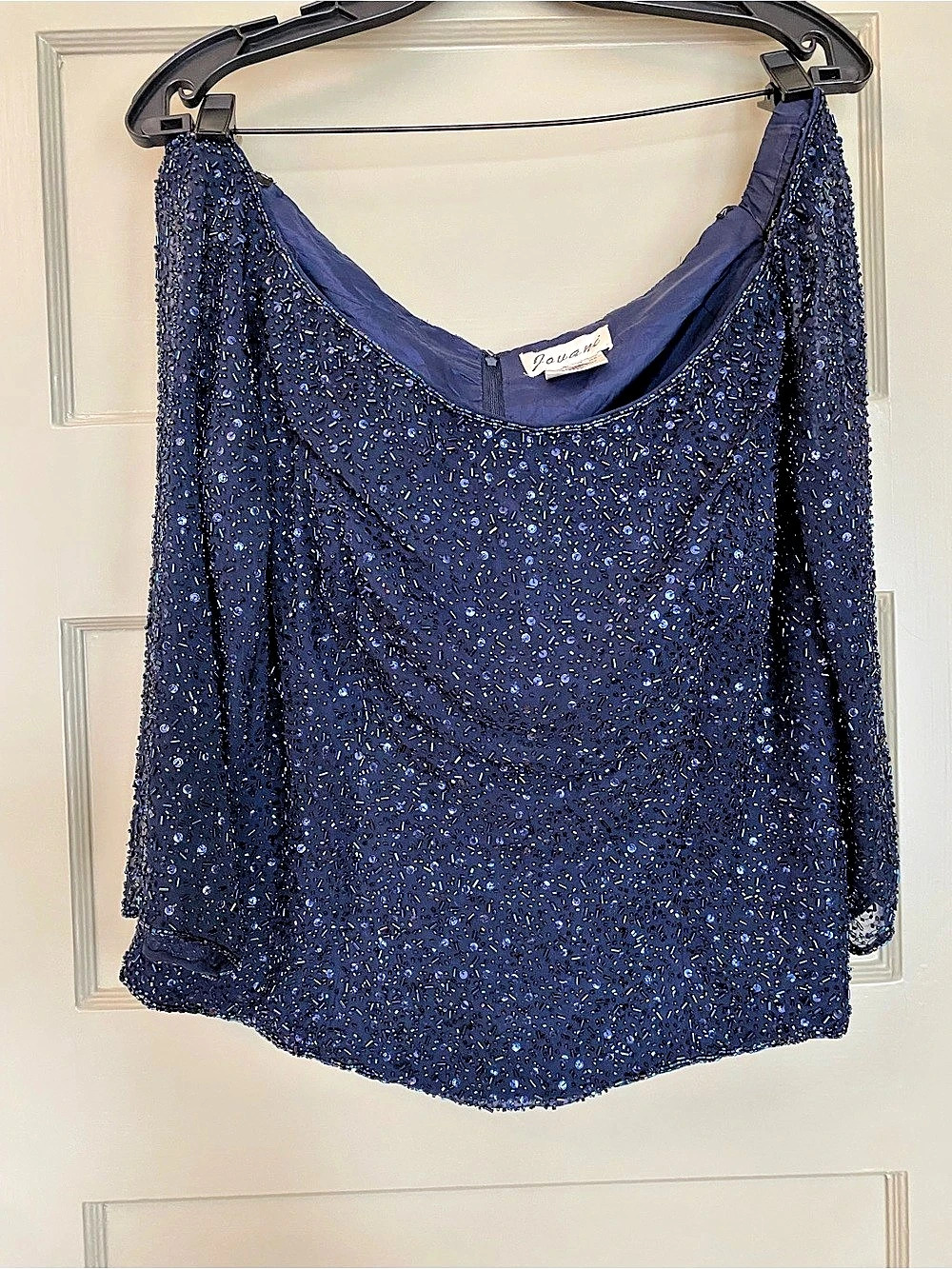 Vintage late 90’s Y2K era Jovani Beaded Sheer Sleeve 100% Silk Blouse in Navy